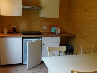 Gemütliche Küche mit Induktionsherd, Kühlschrank, Kaffeemaschiene und Esstisch