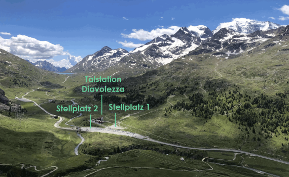 Der Stellplatz Diavolezza direkt bei der Talstation und nahe der Bernina-Passstrasse ist umgeben von Wander- und Bikewegen